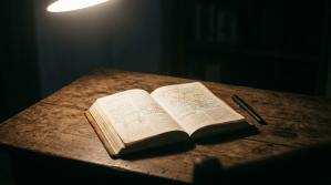 Open book displaying a map and text on a wooden table with a pen nearby